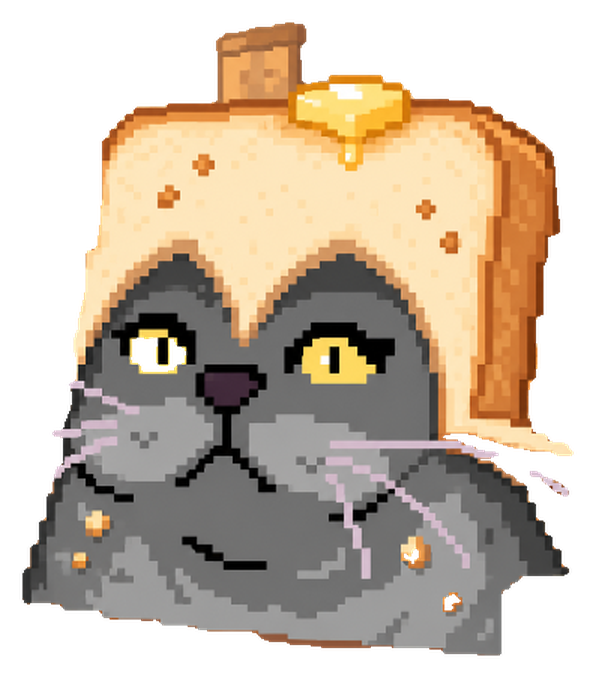 Butter Cat, a grey pixel-art cat wearing a slice of toast with a pat of butter on top