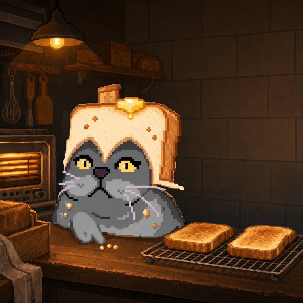 Butter Cat at the bakery counter beside a glowing toaster oven and two slices of toast on a cooling rack